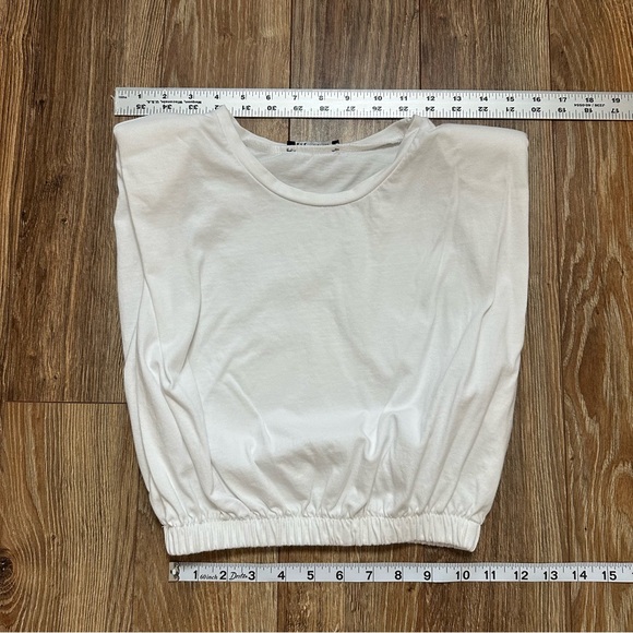 Zara White Pleated Padded Shoulder Crop Top Tee Elastic Hem Size S Shirt - Picture 7 of 11